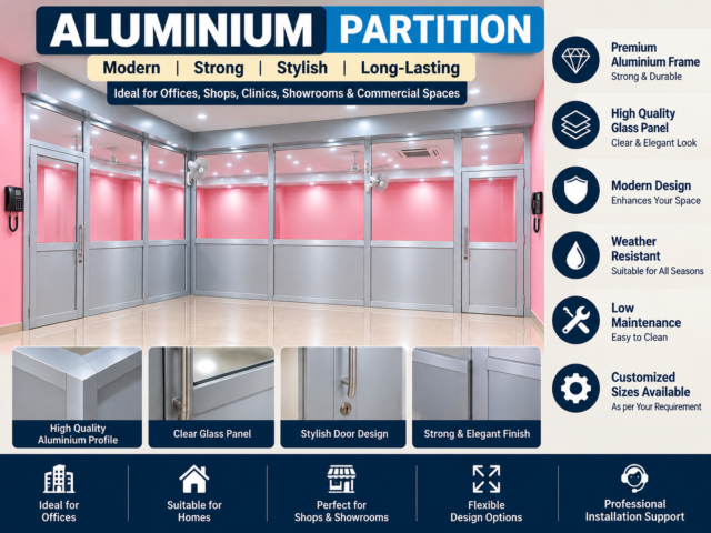 Aluminium frame glass partition with doors in a modern interior