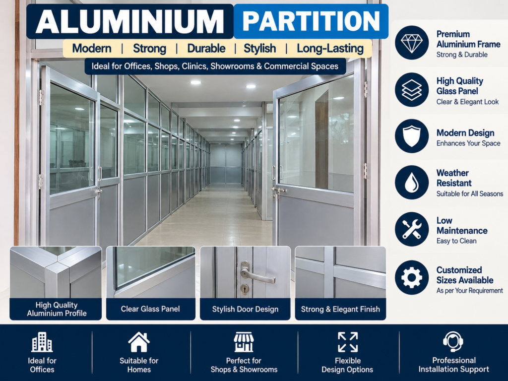 Aluminium office partition with glass panels and doors