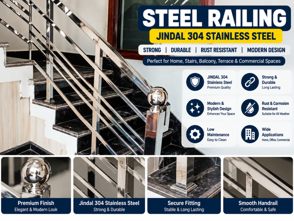 Polished Jindal 304 stainless steel railing on a staircase