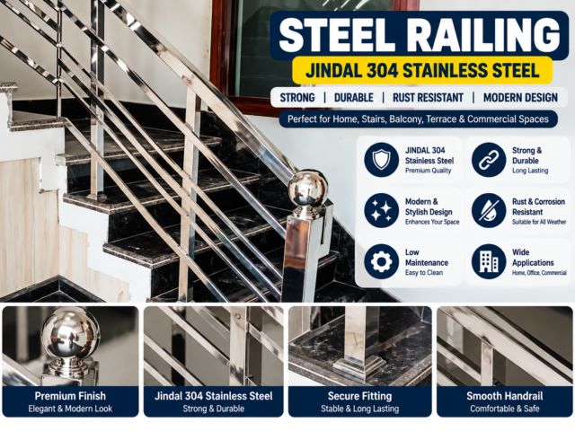 Polished Jindal 304 stainless steel railing on a staircase