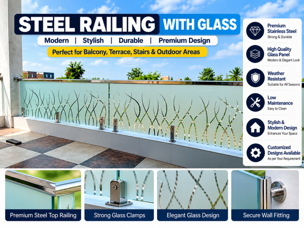 Stainless steel railing with decorative glass panels on a balcony
