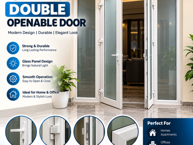 White UPVC double openable door with glass panels and side windows