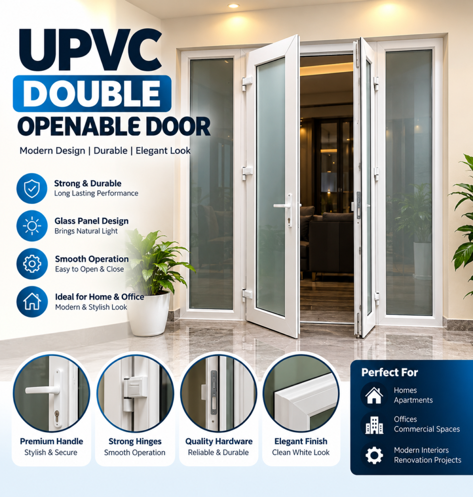 White UPVC double openable door with glass panels and side windows
