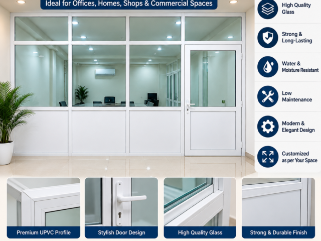 White UPVC glass partition with integrated door