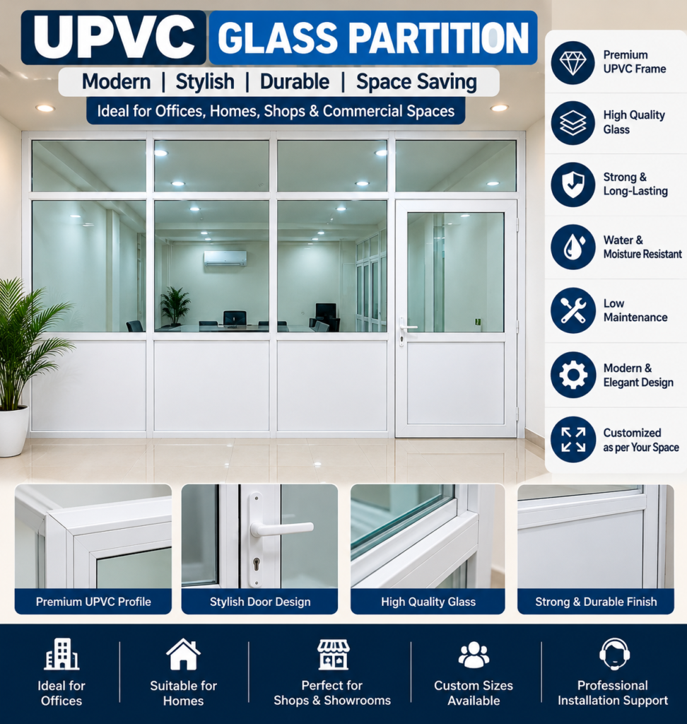 White UPVC glass partition with integrated door