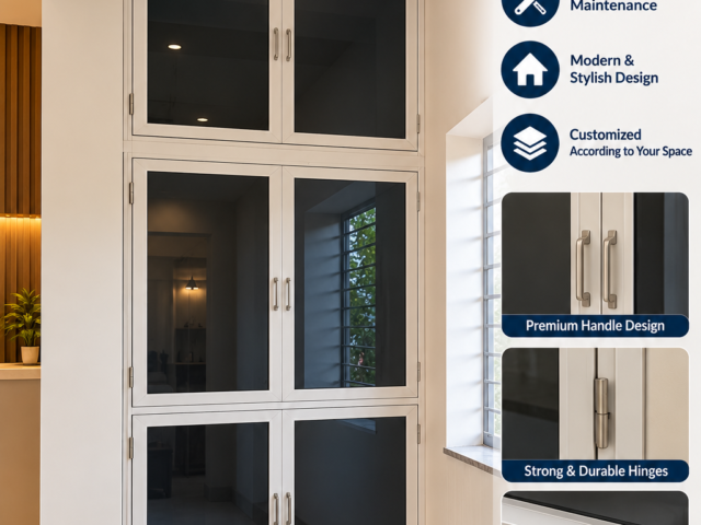 White aluminium modular almirah with glass panels
