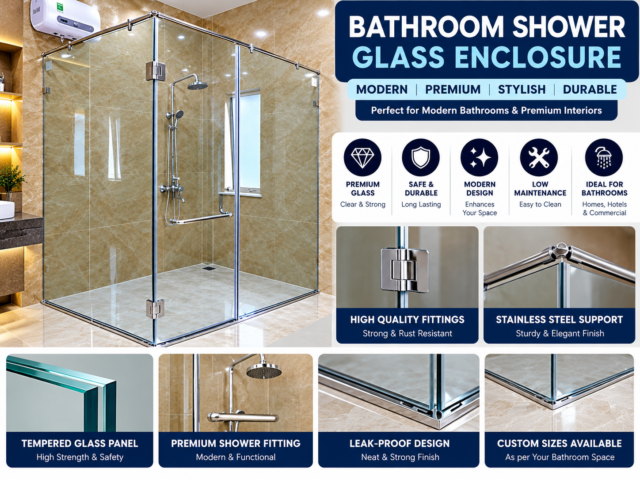 Modern bathroom shower glass enclosure with transparent glass panels and stainless steel fittings