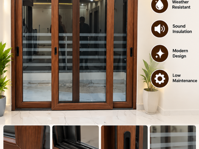 Brown UPVC 2 track sliding window with glass panels
