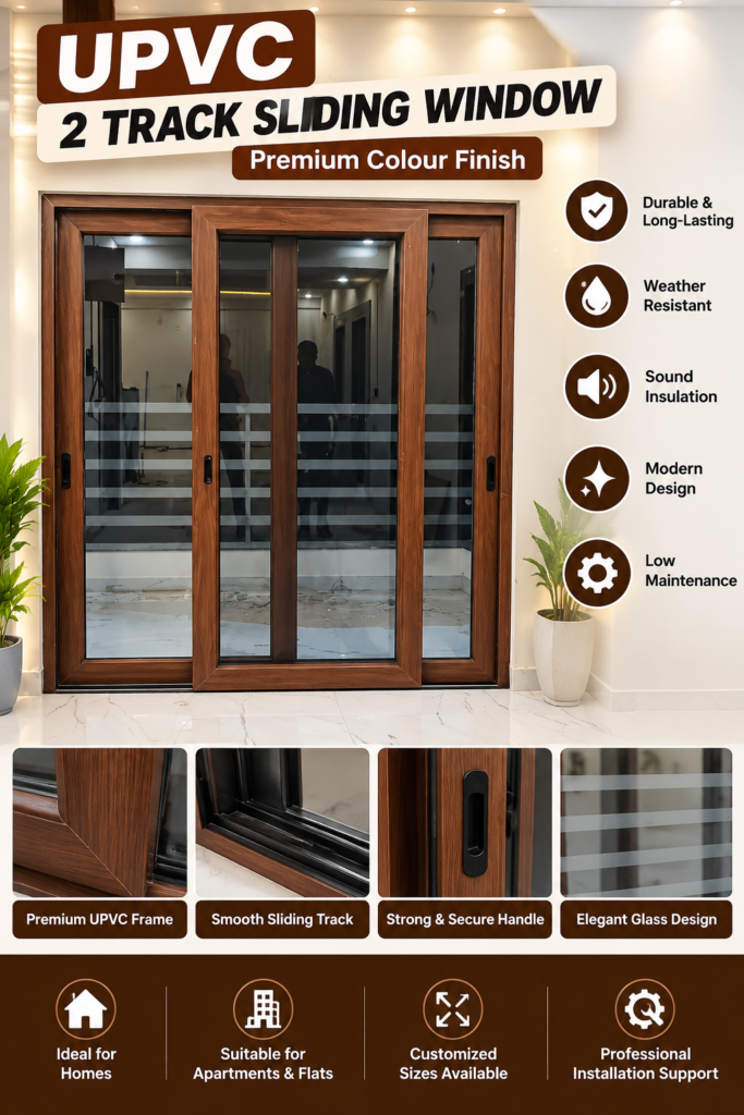 Brown UPVC 2 track sliding window with glass panels