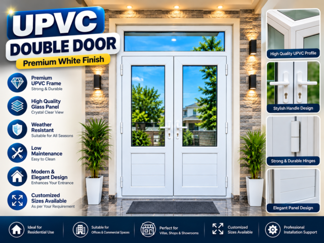 White UPVC double door with glass panels and top transom window