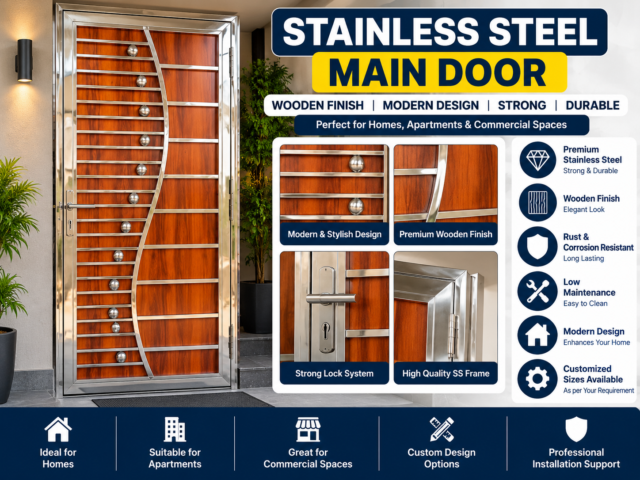 Stainless steel main door with brown wooden finish and decorative metal design