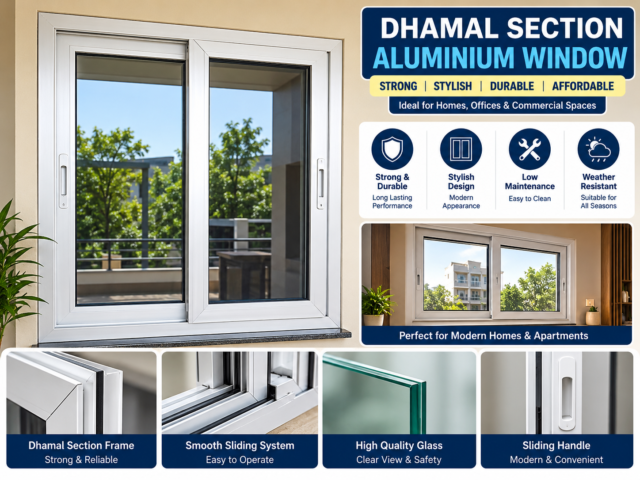 White Dhamal section aluminium sliding window with glass panels