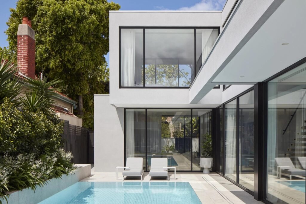 Modern black aluminium sliding windows and glass doors in a contemporary luxury home