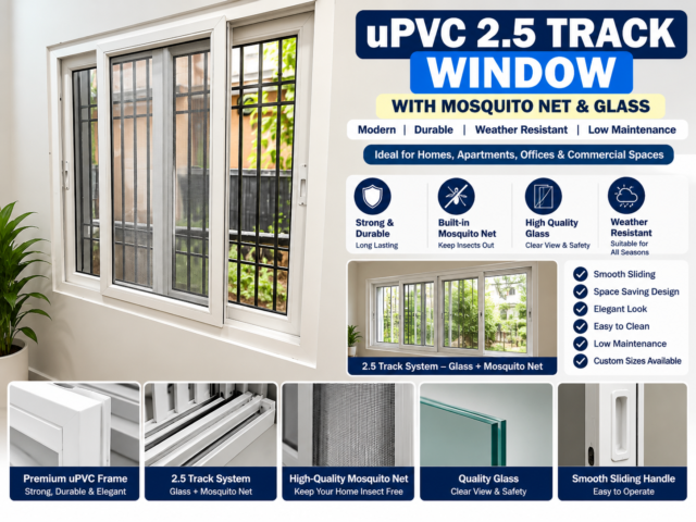 White uPVC 2.5 track sliding window with glass panels and mosquito net