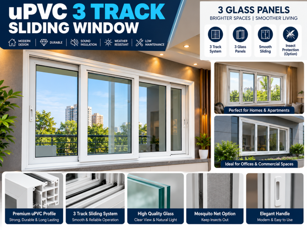 White uPVC 3 track sliding window with three glass panels